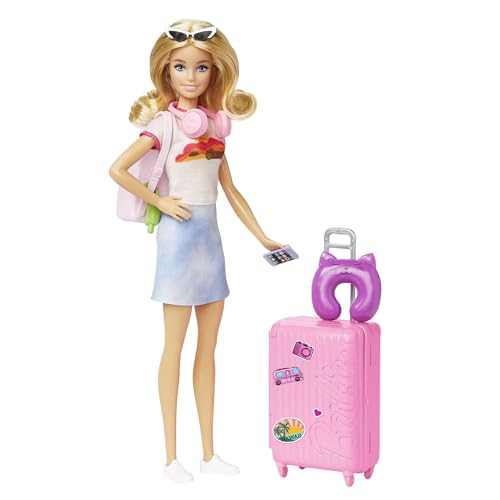 Barbie Doll and Accessories, “Malibu” Travel Set with Puppy and 10+ Pieces Including Working Suitcase