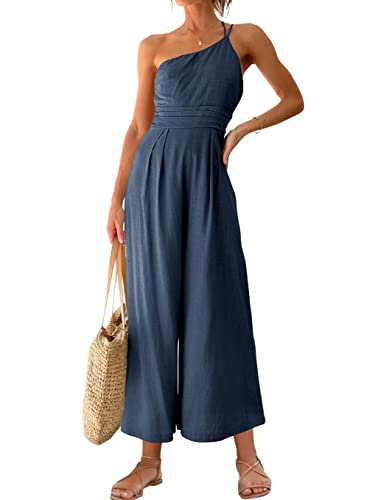 ANRABESS Women's Summer Straps One Shoulder Pleated High Waist Casual Wide Leg Jumpsuit Romper with Pockets 502zangqing-S
