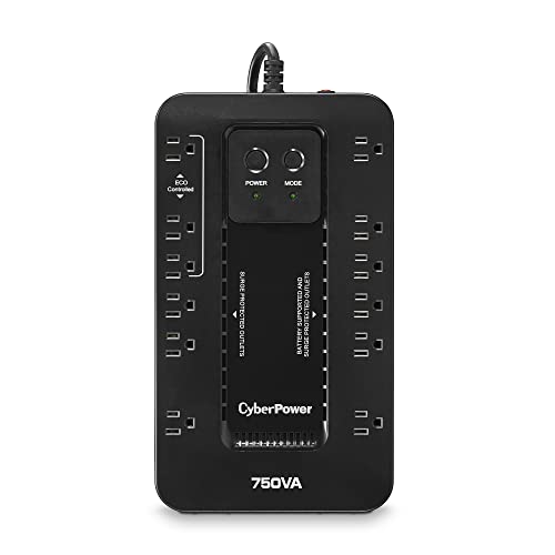 CyberPower EC750G Ecologic Battery Backup & Surge Protector UPS System, 750VA/450W, 12 Outlets, ECO Mode, Compact Uninterruptible Power Supply, Black