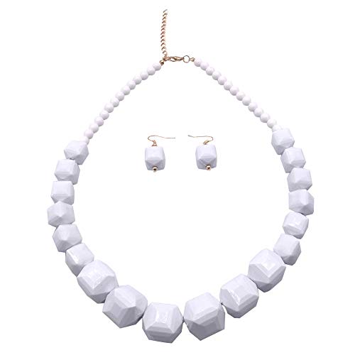Halawly White Beads Necklace, Acrylic Costume Jewelry for Women Girls Chunky Statement Strand Necklaces with Bracelet Dangle Earrings, Big African Beaded Necklace Halloween Festivals accessory