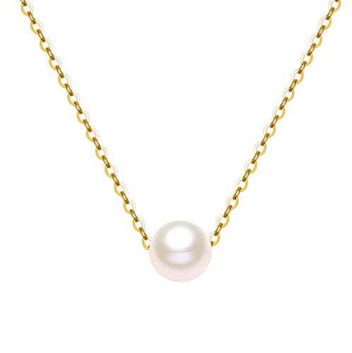 Solid 14K Gold Pearl Necklace for Women, Sliding pearl design, Real 7.5mm Freshwater Cultured Pearl Pendant Necklace Love Jewelry Gift for Her, Mom, Wife, Girl 16'-18'