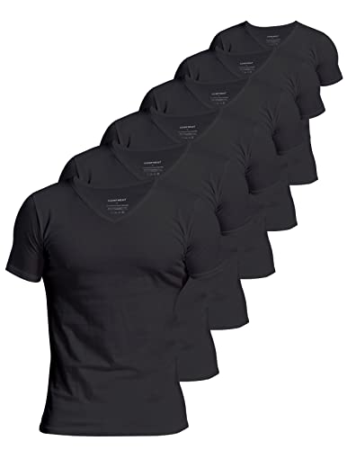 Comfneat Men's 6-Pack Undershirts 100% Cotton Comfy V-Neck T-Shirts (Black 6-Pack, XL)