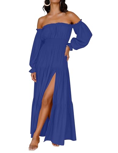 ZESICA Women's 2024 Boho Sexy Off Shoulder Long Sleeve Smocked High Waist Side Split Flowy A Line Tiered Long Maxi Dress,RoyalBlue,Medium