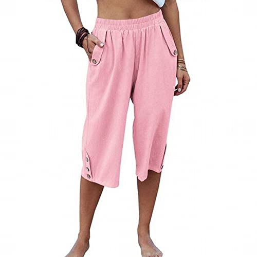 Womens Baggy Casual Cotton Linen Capri Cropped Pants Elasticated Waist Pull On Comfy Summer Beach Vacation Yoga Pants Loose Lightweight Convertible Stretchy Roll-Up Pants with Pockets Pink