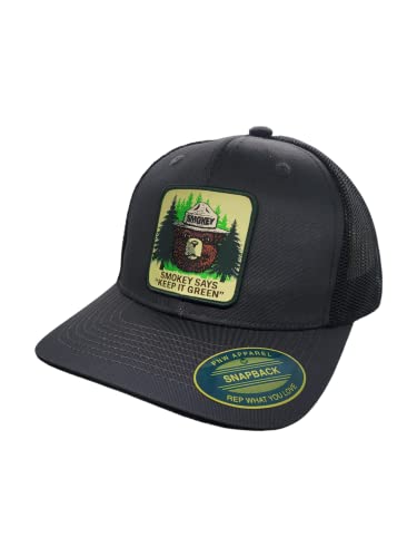 PNW Apparel Smokey The Bear Keep it Green Snapback Trucker Hat with Smokey The Bear Woven Patch (Grey/Black)