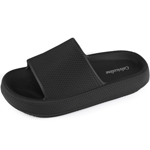 Calvicoline Slides for Women and Men, Pillow Slippers, Non-Slip Shower Shoes Indoor & Outdoor Slides Bathroom Sandals, Thick Sole Open Toe Slides Sandals black9