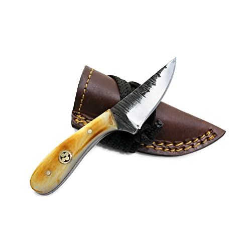 Titan International Knives High Carbon Steel Skinning Utility Knife with Burnt Bone Handle Material Fixed Blade Survival Perfect for Hunting and Outdoor Camping with Leather sheath