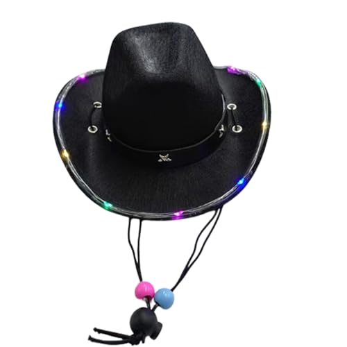 Adult Christmas Party Cowgirl Hat with Led Light Up Brim Carnivals Party Illuminated Brim Fedoras Hat for Pet Decor Black
