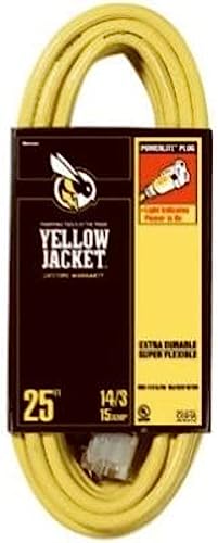 Yellow Jacket 2886 UL Listed 14/3 15 Amp Premium SJTW 25' (7.62M) Extension Cord with Grounded (3 prong) Lighted Receptacle End; 25 Foot; Yellow