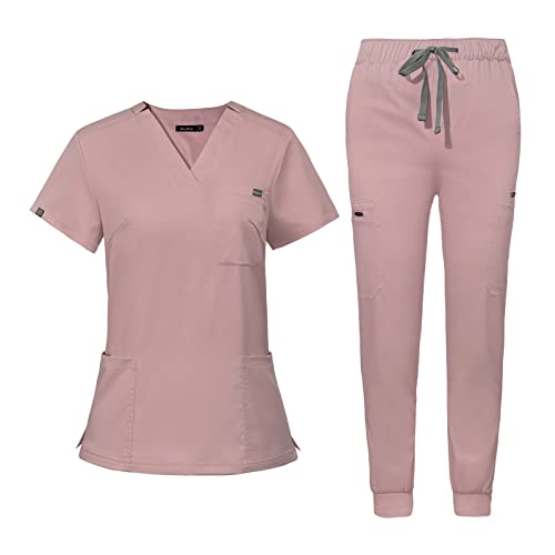 niaahinn Scrub for Women Scrubs Top with Classic V-Neck & Yoga Jogger Pants Medical Nursing Uniform Scrub Set (Pink,S,Small)