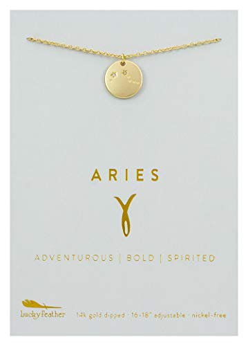 Lucky Feather Aries Zodiac Sign Constellation Pendant Necklace for Women, 14K Gold-Dipped with Adjustable 16” – 18” Chain