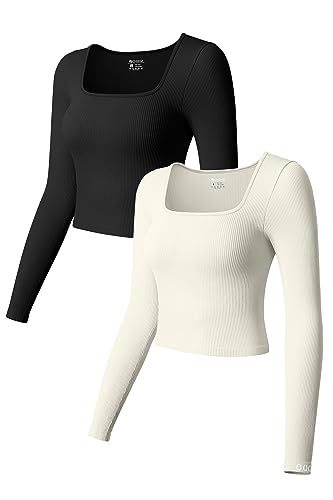 OQQ Women's 2 Piece Crop Tops Ribbed Seamless Long Sleeve Square Neck Underscrubs Stretch Shirts Tops Black Beige