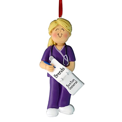 Personalized Purple Scrubs Nurse - Female Blonde Christmas Ornament - Doctor - 1st Responder - Hospital - Family Practice - Practitioner