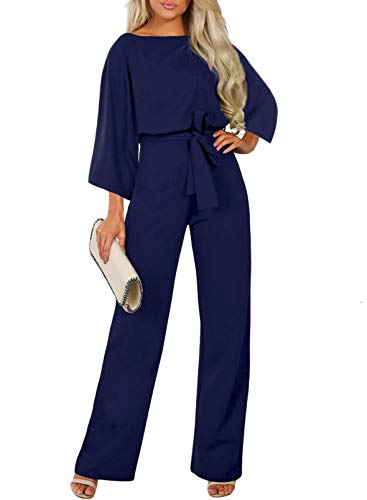 Happy Sailed Women Casual Loose 3/4 Sleeve Belted Wide Leg Pant Romper Jumpsuits Medium Blue