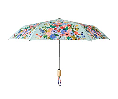 RIFLE PAPER CO. Garden Party Umbrella, Matching Storage Sleeve, Portable 11.125' Fold Up Size, Auto Open and Close, Wooden Handle, 43' Open Diameter, Printed in Full Color