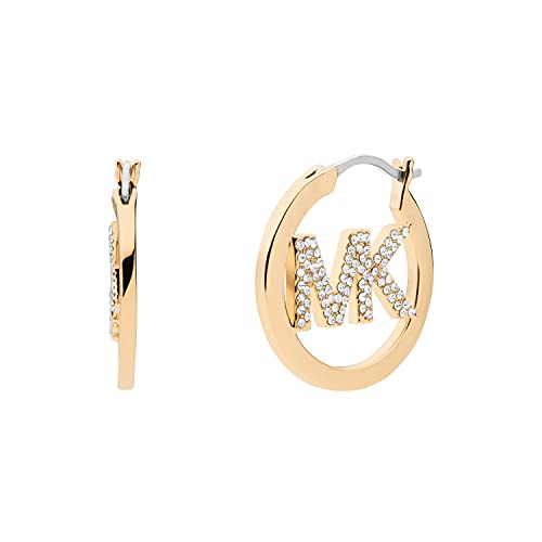 Michael Kors Brass and Pavé Crystal MK Logo Hoop Earrings for Women, Color: Gold (Model: MKJ7635710)