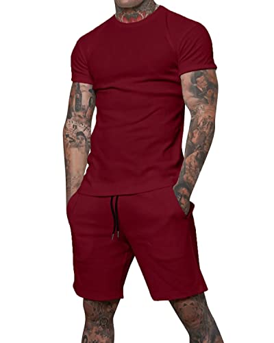 Uni Clau Mens Short Sets 2 Piece Outfits Fashion Summer Tracksuits Casual Shirt and Shorts Set Red XL
