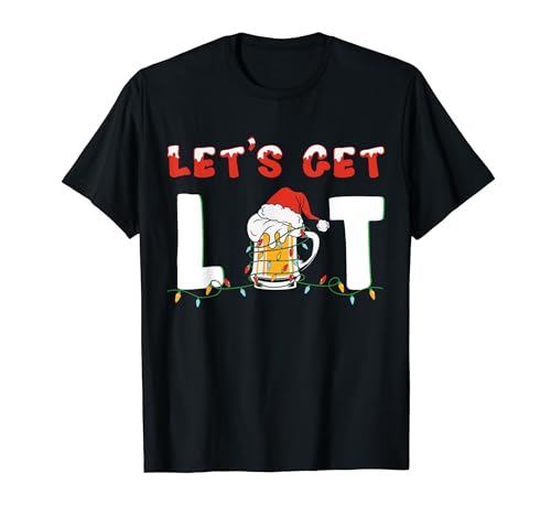Let's Get Lit Drinking Beer Santa Hat Christmas Lights T-Shirt
