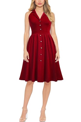 Viwenni Formal Dress for Women Vintage Business Office Swing Work Dress Red M