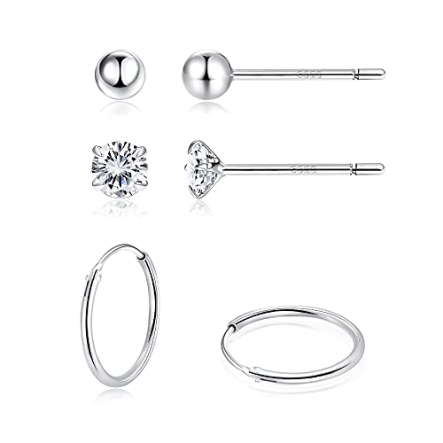 Sterling Silver Hoop Stud Earrings Sets for Women: Hypoallergenic Small Tiny Ball Stud CZ Dainty Endless Sterling Silver Huggie Hoops Earrings Piecing Jewelry for Women Girl Sensitive Ears