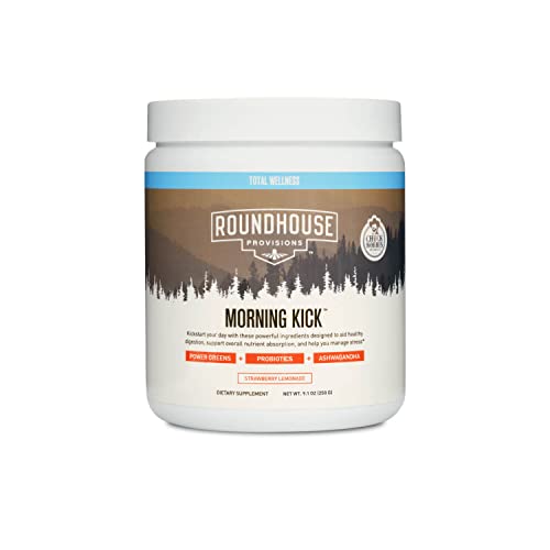 ROUNDHOUSE PROVISION Morning Kick, Greens Superfood Powder Supplement with Ashwaganda, Collagen Peptides, Probiotic Digestive Green Powder, Supports Energy Levels, 30 Servings (Strawberry Lemonade)