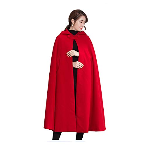 Yimidear Winter Cape for Women Warm Red Cloak with Hood Wool Blend Poncho Cape Jacket (Red)