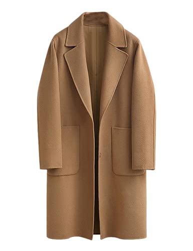 Omoone Women's Notched Lapel Wool Coats Mid Long Button Pea Coats Warm Thicken Trench Jacket(2629-Camel-S)
