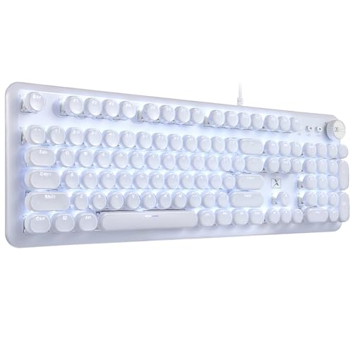 CC MALL Gaming Keyboard,Retro Punk Typewriter-Style, Blue Switches, White Backlight, USB Wired, for PC Laptop Desktop Computer, for Game and Office, Stylish White Mechanical Keyboard