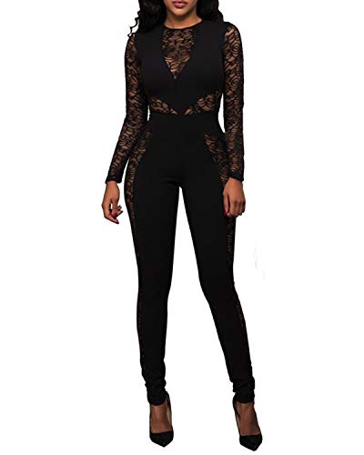 PORRCEY Women Long Sleeve Club Overalls Lace Bodycon Romper Party Jumpsuits (9831,Black,L)