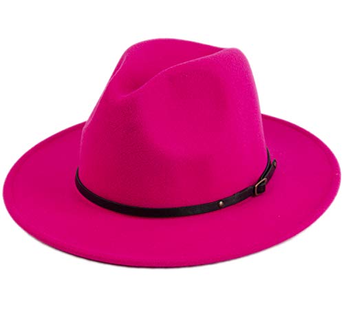 Lanzom Womens Classic Wide Brim Floppy Panama Hat Belt Buckle Wool Fedora Hat Fit Size 6 8/7-7 1/4(One Size, Rose)
