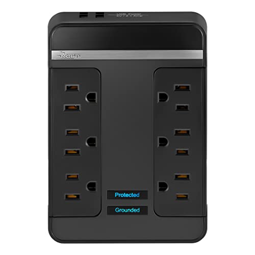 Rocketfish 6-Outlet/2-USB Swivel Wall Tap Surge Protector - Provides Protection & Convenient Mobile Phone Charging - Black