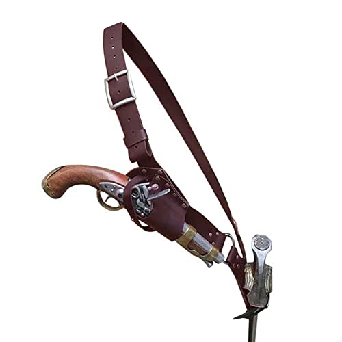 HFU Medieval Shoulder Sword Strap Gun Flintlock Pistol Double Holster Faux Leather Adjustable Buckles Renaissance Knights Scabbard Waist Belt (One Size, 81# Brown)