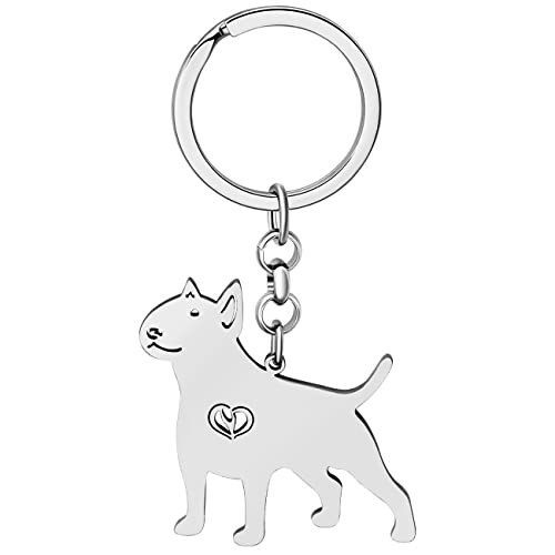 LONYOO Cute Stainless Steel Dog Keyring Pet Dog Gifts for Women Girls Puppy Key Chain Car Purse Charms (Silver Plated Bull Terrier #2)