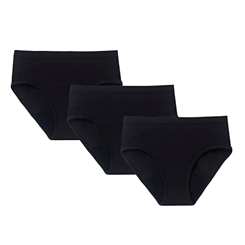 Thinx Teens Brief 3-Pack Period Underwear for Teens, Cotton Underwear Holds 5 Tampons, Feminine Care Period Panties, Black, 13-14
