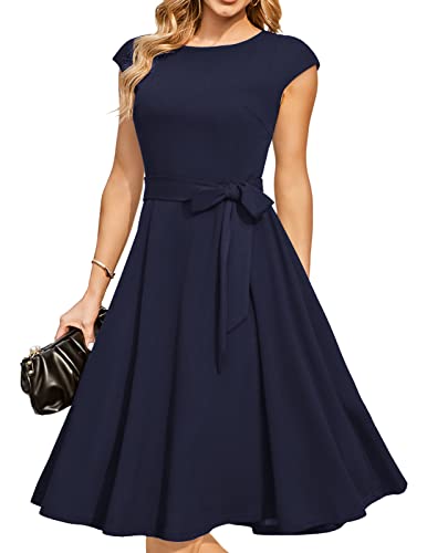 DRESSTELLS Women's Cocktail Dress for Wedding Guest Bridesmaid Prom 2024, Formal Flare Vintage Hepburn Party Graduation Dresses, Modest Funeral Dress Navy L