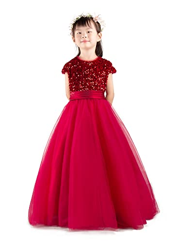 Girls' Burgundy Sequin Tulle Maxi Dresses for Special Occasions, Flower Girl, Princess, Junior Bridesmaid, Birthdays, and Formal Parties (Burgundy,140)