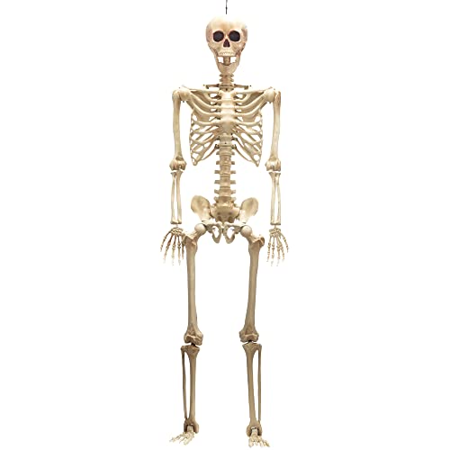 JOYIN 5 ft Halloween Life-Size Skeleton with Red Light Eyes, Full Body Human Bones with Posable Joint for Halloween Decorations, Haunted House Accessories, Indoor/Outdoor Spooky Scene Party Favors