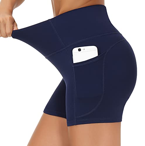 THE GYM PEOPLE High Waist Yoga Shorts for Women's Tummy Control Fitness Athletic Workout Running Shorts with Deep Pockets (Medium, Blue)