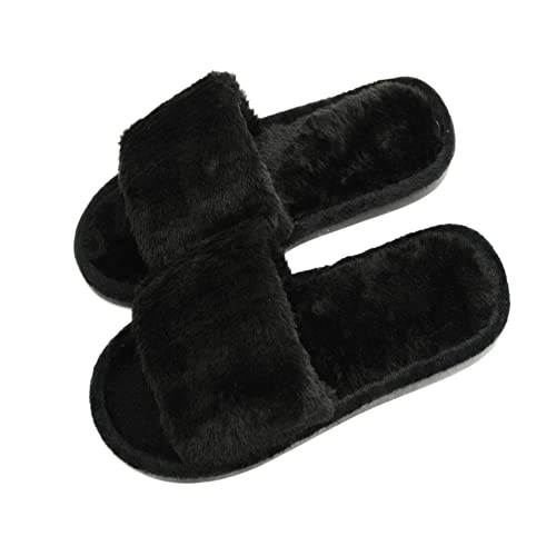 Crazy Lady Women's Fuzzy Fluffy House Slippers Cozy Cute Open Toe Memory Foam Breathable Indoor Outdoor Anti-slip Sandals(02Black38)