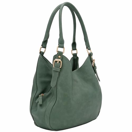 Light-weight 3 Compartment Faux Leather Medium Hobo Bag (Green Smoke)