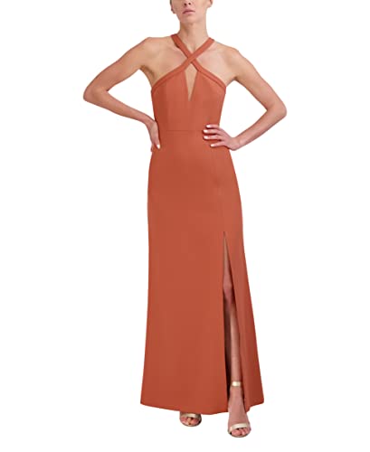 BCBGMAXAZRIA Women's Fit and Flare Floor Length Evening Dress Criss Cross Halter Neck Cut Outs Side Slit, Aragon, 8