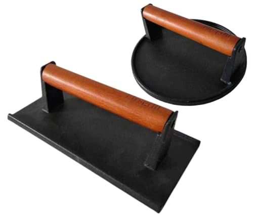 Firsgrill Burger Press 7.08' Round & 8.3”X4.3”Rectangle Heavy-Duty Cast Iron Smash Meat Steak With Wood Handle for Blackstone Camp chef Pitboss Weber Treager Griddle Grills (Round & Rectangle)