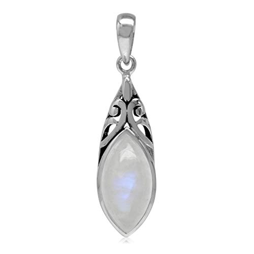 Silvershake 14X7mm Natural Marquise Shape Moonstone 925 Sterling Silver Filigree Solitaire Pendant
