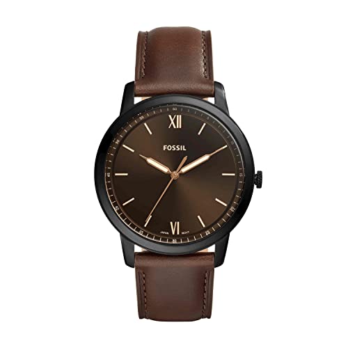 Fossil Men's Minimalist Quartz Stainless Steel and Leather Three-Hand Watch, Color: Black/Dark Brown (Model: FS5551)