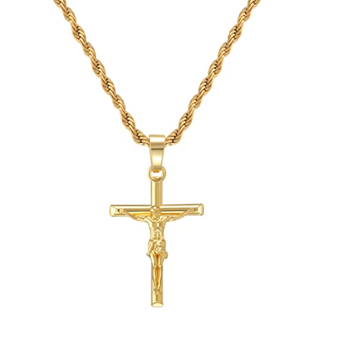 HELLOICE Crucifix Cross Necklace 18K Gold Plated Cross Pendant with 3mm 22' Rope Chain for Men Women (Crucifix Cross)