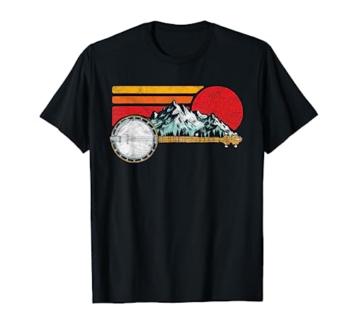 Retro Banjo Mountains & Sun Sketch Surf Style 80's Graphic T-Shirt