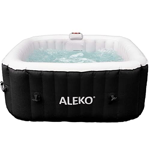 ALEKO 4-Person Inflatable Hot Tub | Square 160 Gallon | Spa Tub with Fitted Cover| 100-130 Bubble-Jets, Hot Tub Spa with 3 Filters | 5ft Wide Outdoor Hot Tub | (Black and White HTISQ4BKWH)