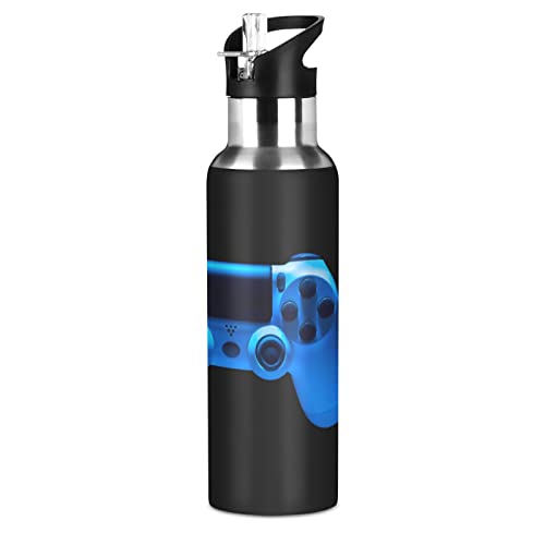 Oyihfvs Video Game Joystick Gamepad in Blue Neon Lights Isolated on Black Sports Stainless Steel Water Bottle 20 Oz, with Straw Lid Vacuum Insulated Leakproof Thermo Flask, Great for Fitness Outdoor