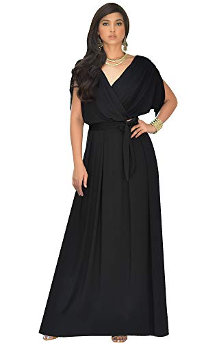 KOH KOH Womens Long Semi-Formal Short Sleeve V-Neck Full Floor Length V-Neck Flowy Cocktail Wedding Guest Party Bridesmaid Maxi Dress Dresses Gown Gowns, Black 2XL 18-20