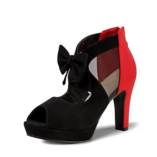 GATUXUS Open Toe Women Platform High Heel Shoes Bows Strappy Sandals (10, BLACK MIX RED, numeric_10)